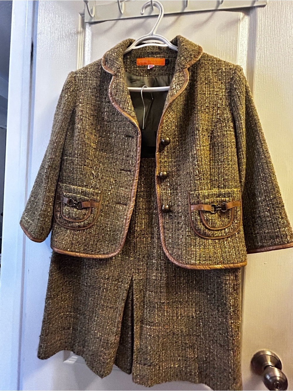 Cynthia Steffe Woven Tweed Skirt Suit with Brown Leather Trim